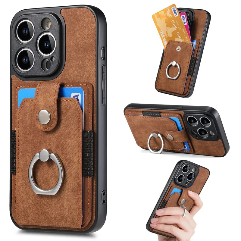 D2 For iPhone 14 Pro PU Leather+TPU Phone Cover Kickstand Card Holder Phone Case - Brown