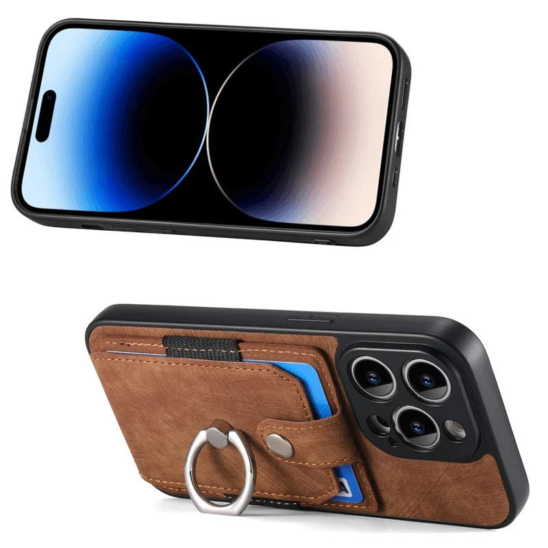 D2 For iPhone 14 Pro PU Leather+TPU Phone Cover Kickstand Card Holder Phone Case - Brown