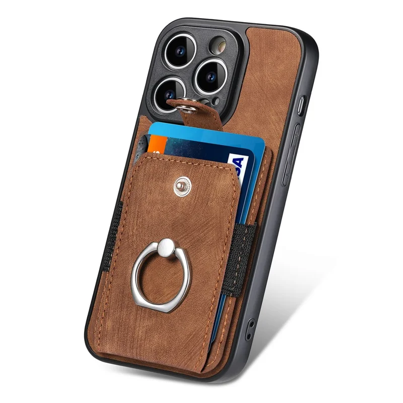 D2 For iPhone 14 Pro PU Leather+TPU Phone Cover Kickstand Card Holder Phone Case - Brown