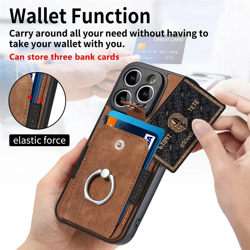 D2 For iPhone 14 Pro PU Leather+TPU Phone Cover Kickstand Card Holder Phone Case - Brown