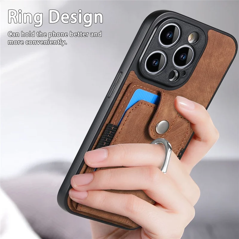 D2 For iPhone 14 Pro PU Leather+TPU Phone Cover Kickstand Card Holder Phone Case - Brown