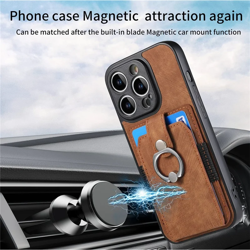 D2 For iPhone 14 Pro PU Leather+TPU Phone Cover Kickstand Card Holder Phone Case - Brown