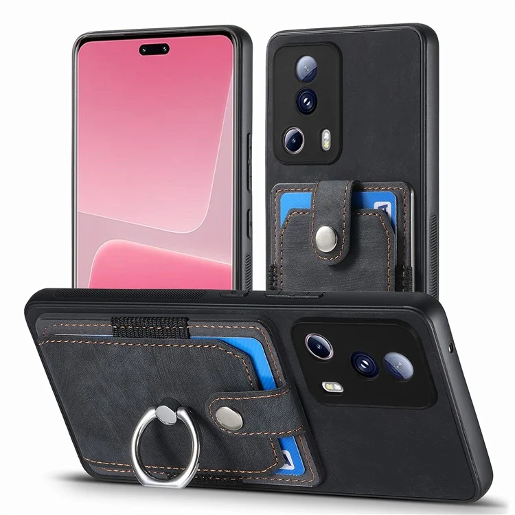 Чехол для телефона D2 для Xiaomi 13 Lite / Civi 2 5G, кожаная обложка из TPU+PU с кольцевой подставкой - черный