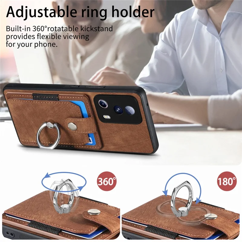 D2 Phone Case for Xiaomi 13 Lite / Civi 2 5G TPU+PU Leather Cover with Ring Kickstand - Brown
