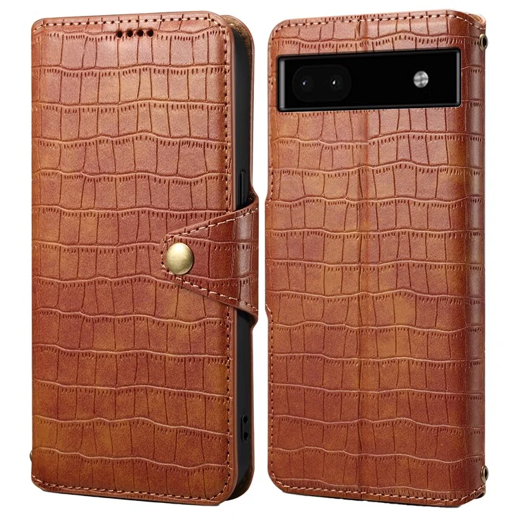 Phone Cover for Google Pixel 6a Crocodile Texture PU Leather Wallet Phone Case with Folding Stand - Brown