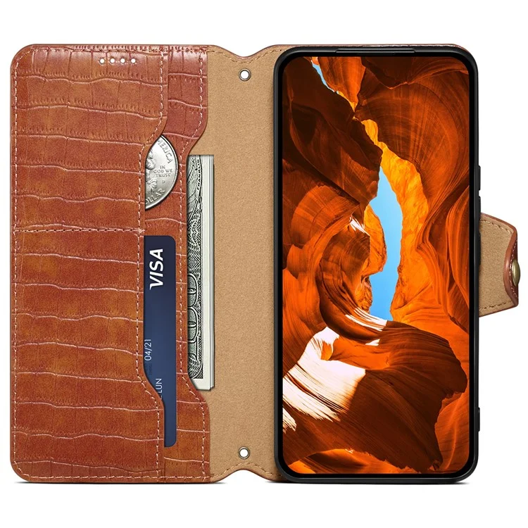 Phone Cover for Google Pixel 6a Crocodile Texture PU Leather Wallet Phone Case with Folding Stand - Brown