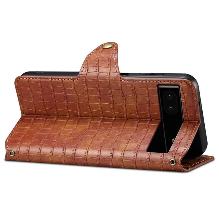 Phone Cover for Google Pixel 6a Crocodile Texture PU Leather Wallet Phone Case with Folding Stand - Brown