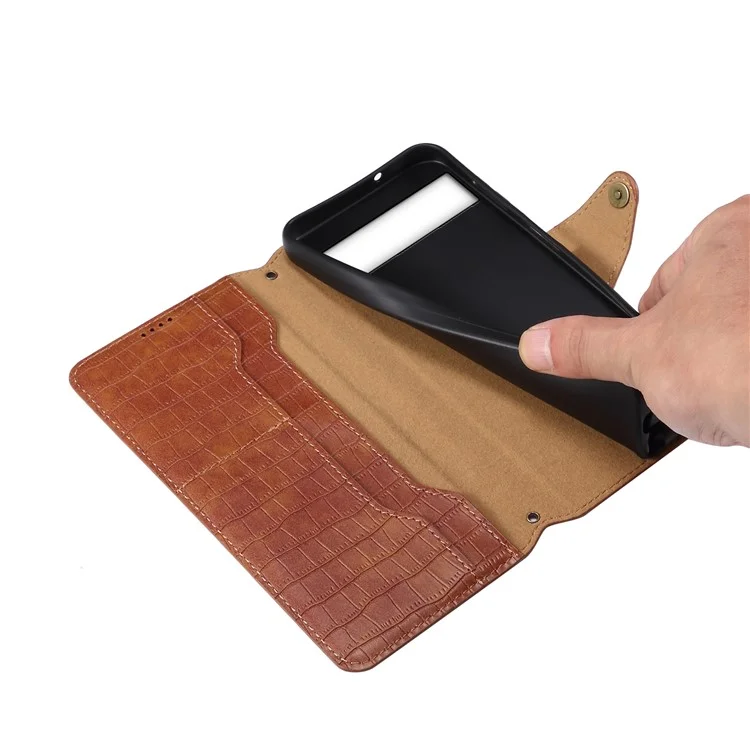 Phone Cover for Google Pixel 6a Crocodile Texture PU Leather Wallet Phone Case with Folding Stand - Brown