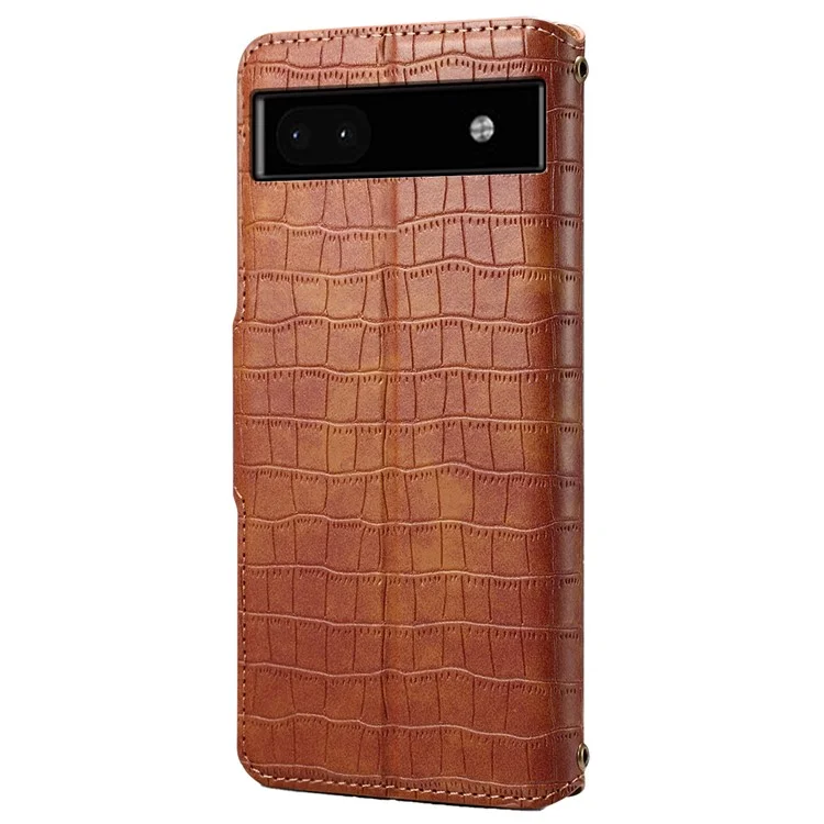 Phone Cover for Google Pixel 6a Crocodile Texture PU Leather Wallet Phone Case with Folding Stand - Brown