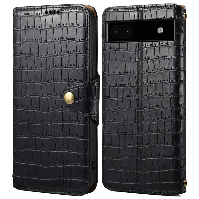 Phone Cover for Google Pixel 6a Crocodile Texture PU Leather Wallet Phone Case with Folding Stand - Black