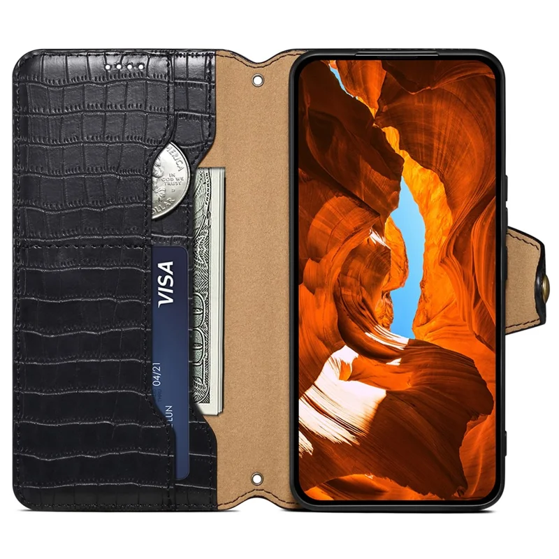 Phone Cover for Google Pixel 6a Crocodile Texture PU Leather Wallet Phone Case with Folding Stand - Black