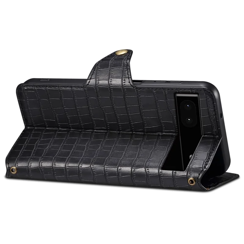 Phone Cover for Google Pixel 6a Crocodile Texture PU Leather Wallet Phone Case with Folding Stand - Black