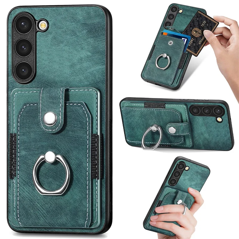 D2 For Samsung Galaxy S23 Case Ring Kickstand Leather+TPU Phone Cover with Card Holder - Verde