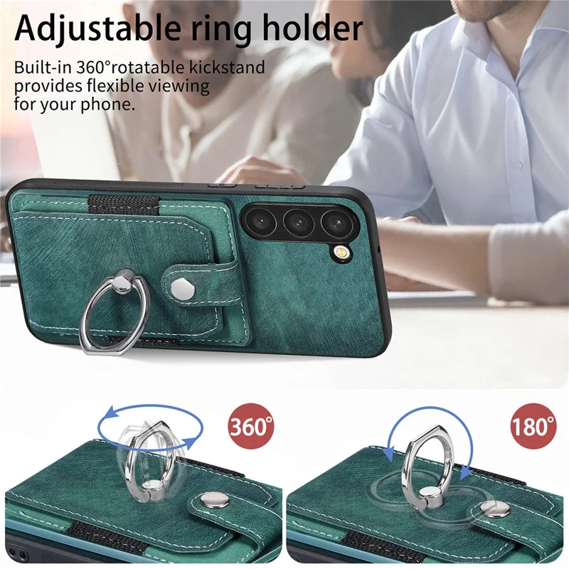 D2 For Samsung Galaxy S23 Case Ring Kickstand Leather+TPU Phone Cover with Card Holder - Verde