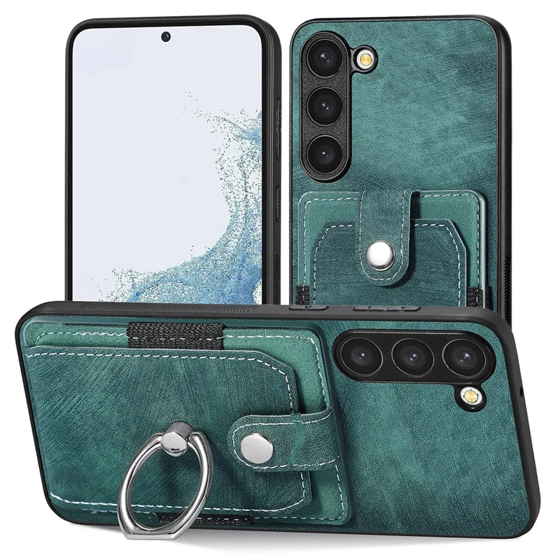 D2 For Samsung Galaxy S23 Case Ring Kickstand Leather+TPU Phone Cover with Card Holder - Verde
