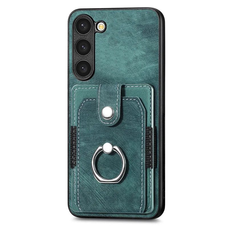 D2 For Samsung Galaxy S23 Case Ring Kickstand Leather+TPU Phone Cover with Card Holder - Verde