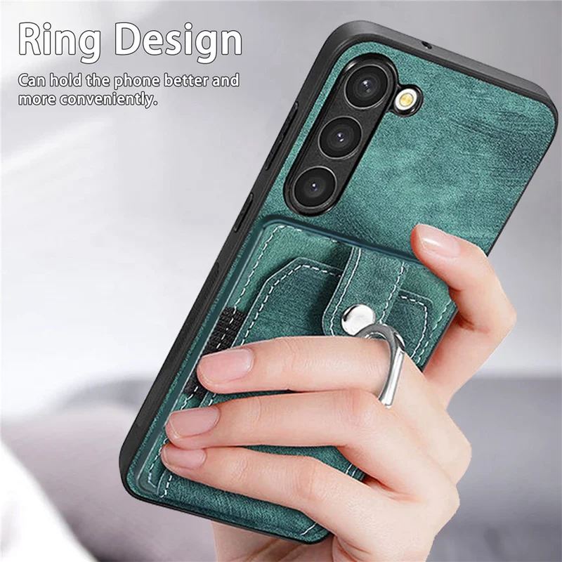 D2 For Samsung Galaxy S23 Case Ring Kickstand Leather+TPU Phone Cover with Card Holder - Verde