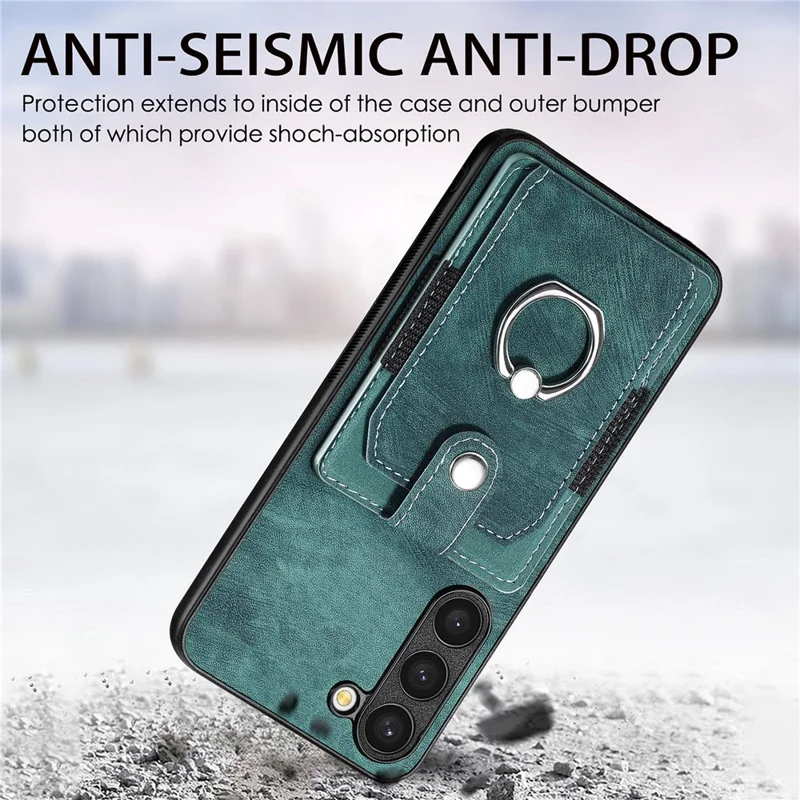 D2 For Samsung Galaxy S23 Case Ring Kickstand Leather+TPU Phone Cover with Card Holder - Verde