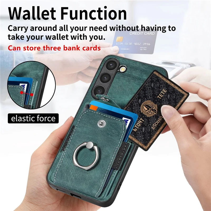 D2 For Samsung Galaxy S23 Case Ring Kickstand Leather+TPU Phone Cover with Card Holder - Verde