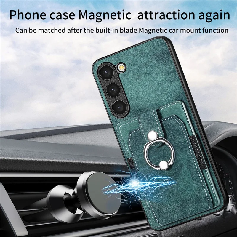 D2 For Samsung Galaxy S23 Case Ring Kickstand Leather+TPU Phone Cover with Card Holder - Verde