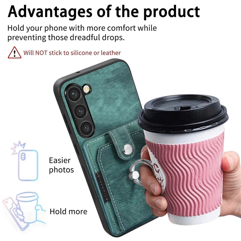 D2 For Samsung Galaxy S23 Case Ring Kickstand Leather+TPU Phone Cover with Card Holder - Verde