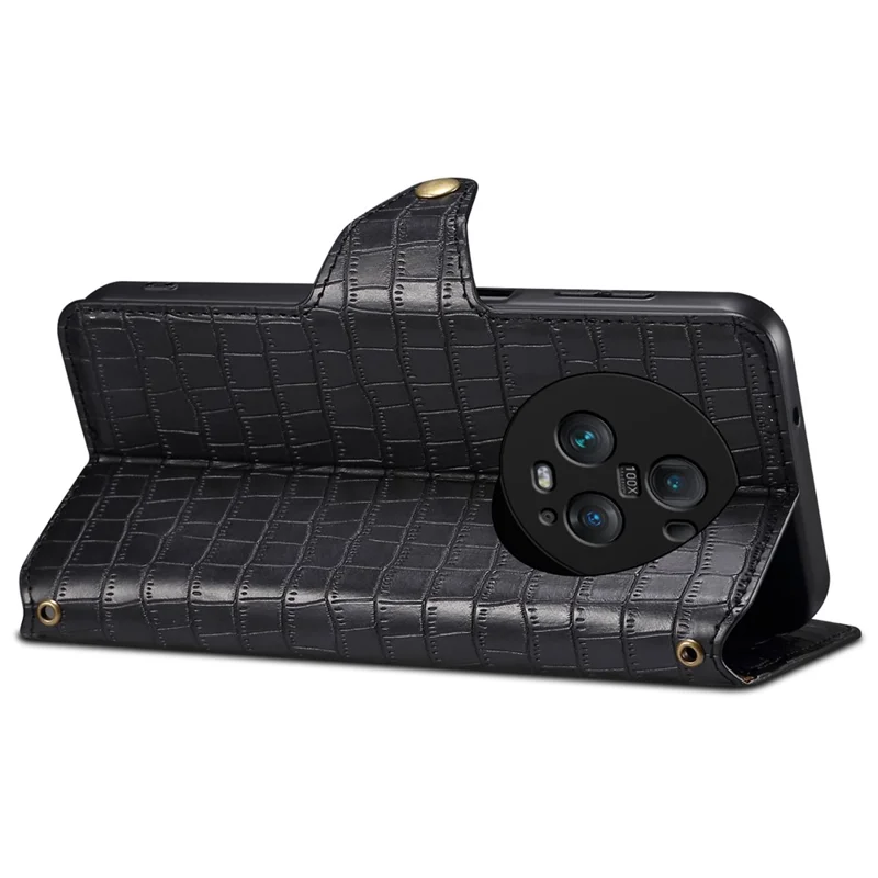 For Honor Magic5 Pro Leather Case Crocodile Texture Stand Cell Phone Cover - Black