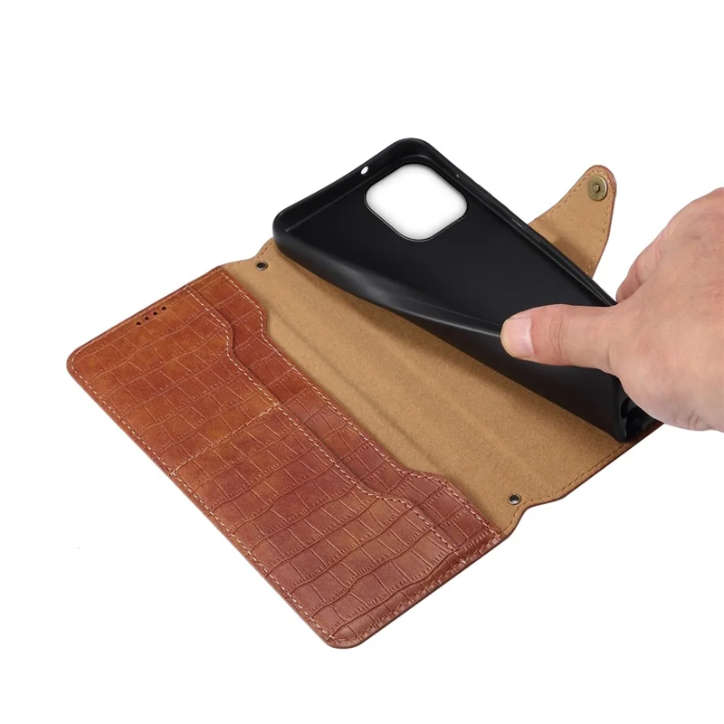 For iPhone 15 Leather Case Crocodile Texture Wallet Full Protection Phone Cover - Brown