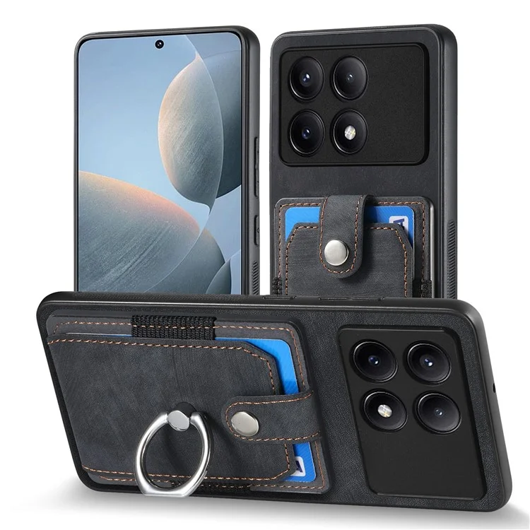 D2 Para Xiaomi Redmi K70E 5G / Poco X6 Pro 5G Funda de Teléfono con Anillo de Soporte Funda de Cuero PU + TPU Soporte para Tarjetas - Negro