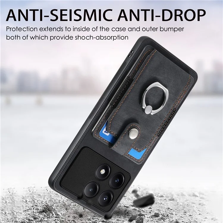D2 Para Xiaomi Redmi K70E 5G / Poco X6 Pro 5G Funda de Teléfono con Anillo de Soporte Funda de Cuero PU + TPU Soporte para Tarjetas - Negro