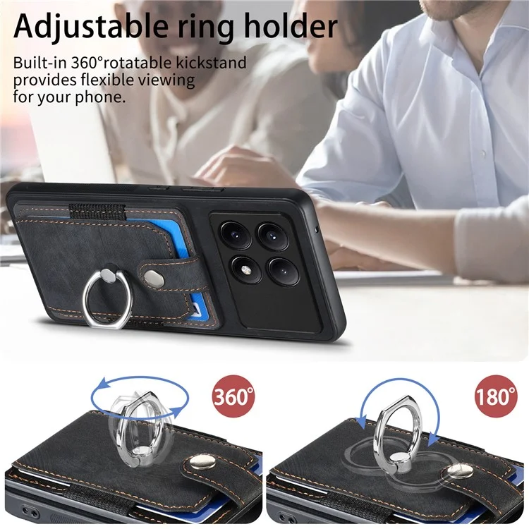D2 Para Xiaomi Redmi K70E 5G / Poco X6 Pro 5G Funda de Teléfono con Anillo de Soporte Funda de Cuero PU + TPU Soporte para Tarjetas - Negro