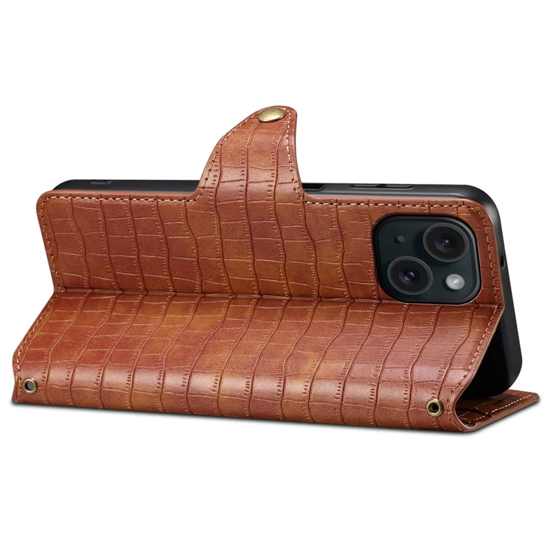 For iPhone 14 Case Crocodile Texture Leather Phone Cover with Wallet Card Slots - Brown