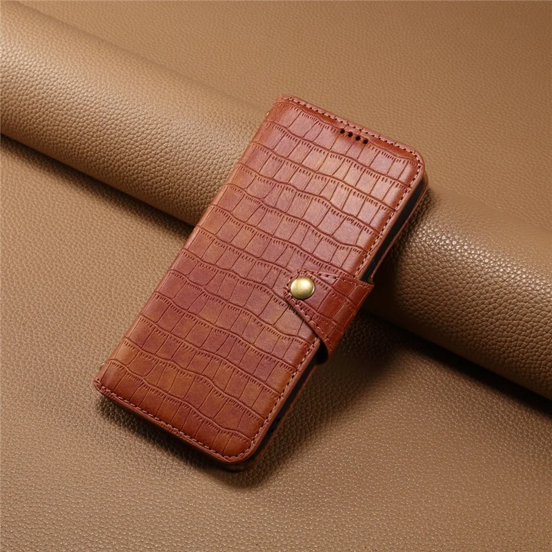 For iPhone 14 Case Crocodile Texture Leather Phone Cover with Wallet Card Slots - Brown