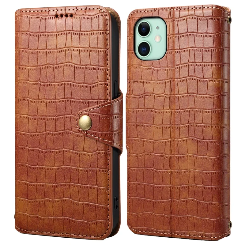 For iPhone 11 Cover Crocodile Texture Leather Case Classic Wallet Stand Cover - Brown