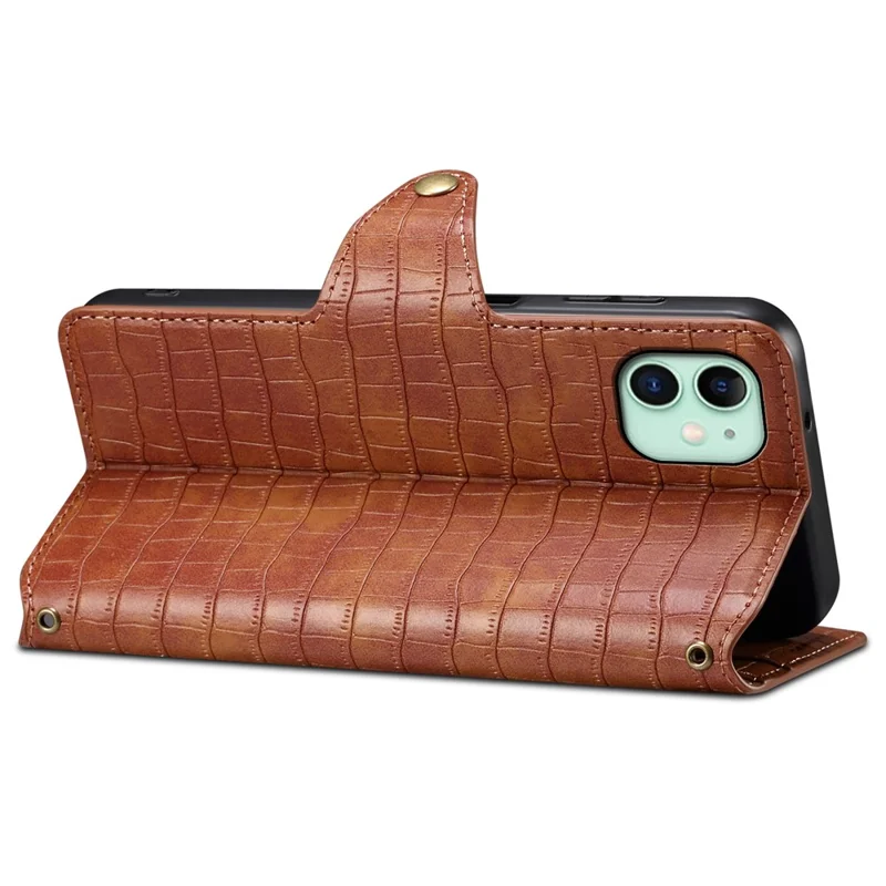 For iPhone 11 Cover Crocodile Texture Leather Case Classic Wallet Stand Cover - Brown