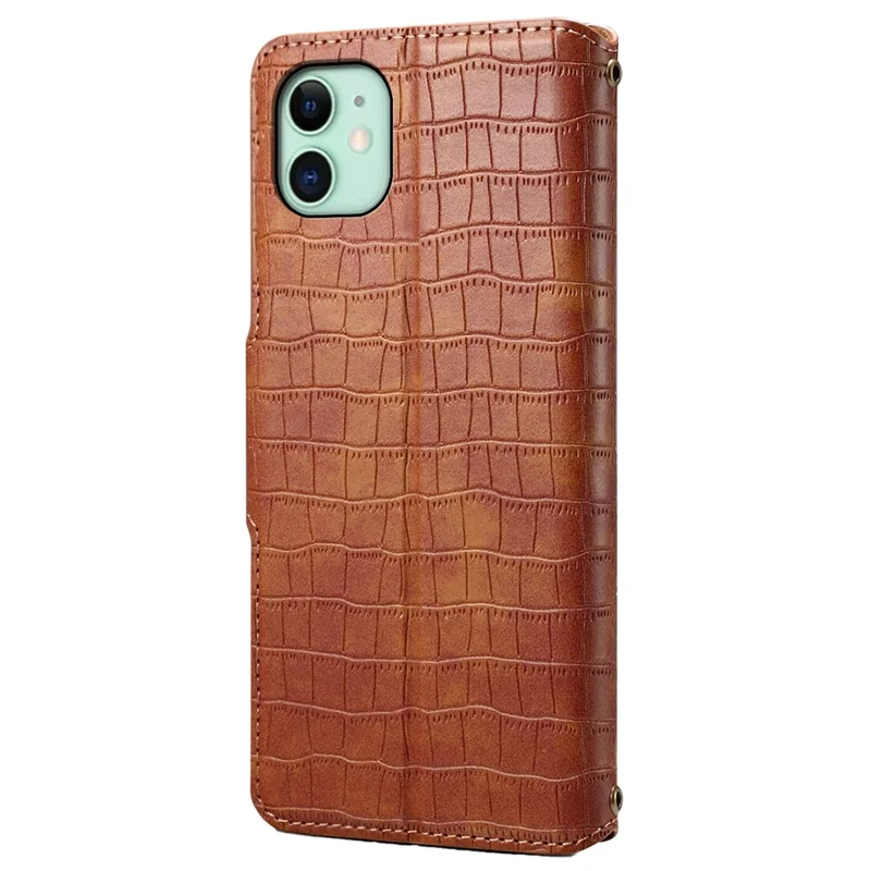 For iPhone 11 Cover Crocodile Texture Leather Case Classic Wallet Stand Cover - Brown