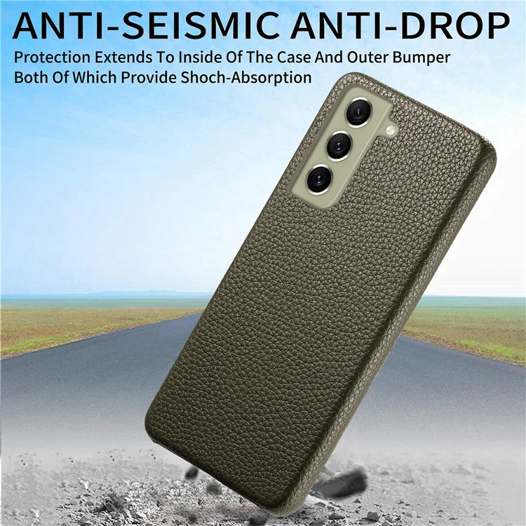 Y1 Per Samsung Galaxy S21 FE 5G Custodia Anti-Graffio Texture di Litchi PU+PC Cover per Telefono - Verde Mezzanotte