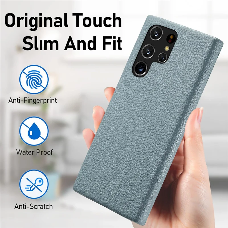 Y1 Für Samsung Galaxy S22 Ultra 5G Slim Case Litchi Textur PU+PC Handyhülle - Baby Blau