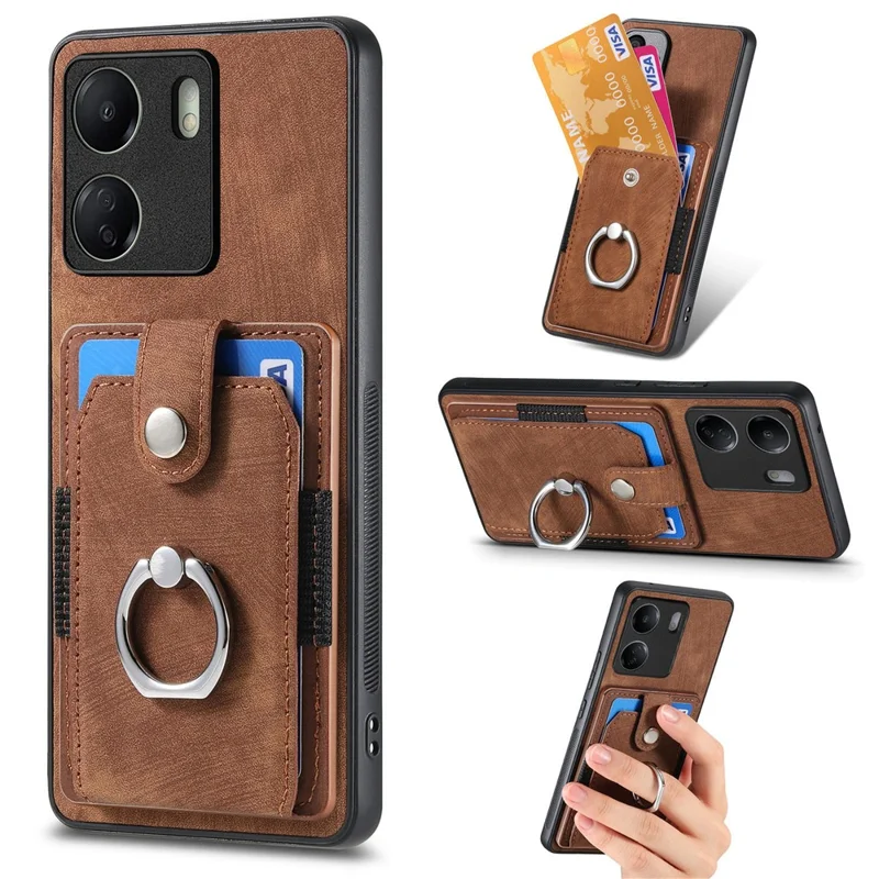 D2 Retro Phone Cover for Xiaomi Redmi 13C 4G / Poco C65 4G Case PU Leather+TPU Kickstand Phone Shell - Brown