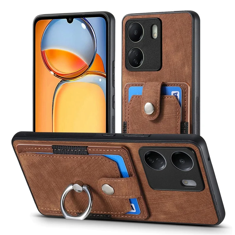 D2 Retro Phone Cover for Xiaomi Redmi 13C 4G / Poco C65 4G Case PU Leather+TPU Kickstand Phone Shell - Brown