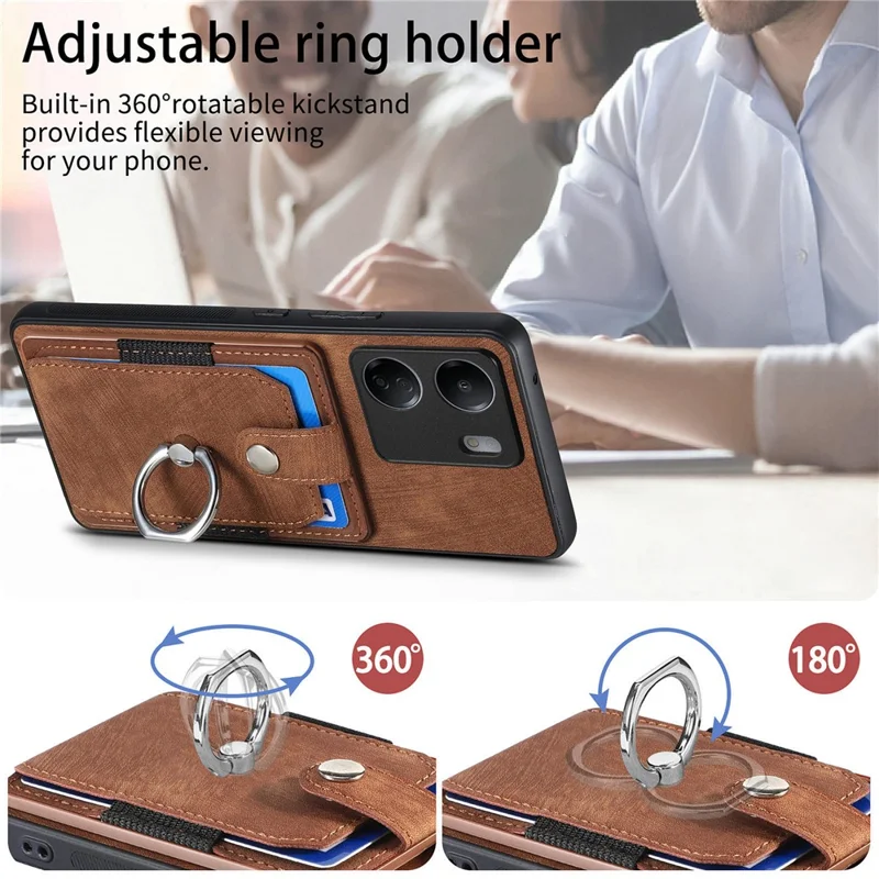 D2 Retro Phone Cover for Xiaomi Redmi 13C 4G / Poco C65 4G Case PU Leather+TPU Kickstand Phone Shell - Brown