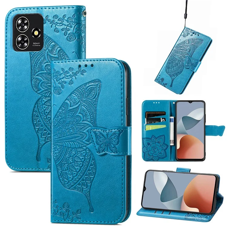 Для чехла ZTE Blade A73 Flip Wallet с тиснением Butterfly PU Leather Phone Cover - Blue