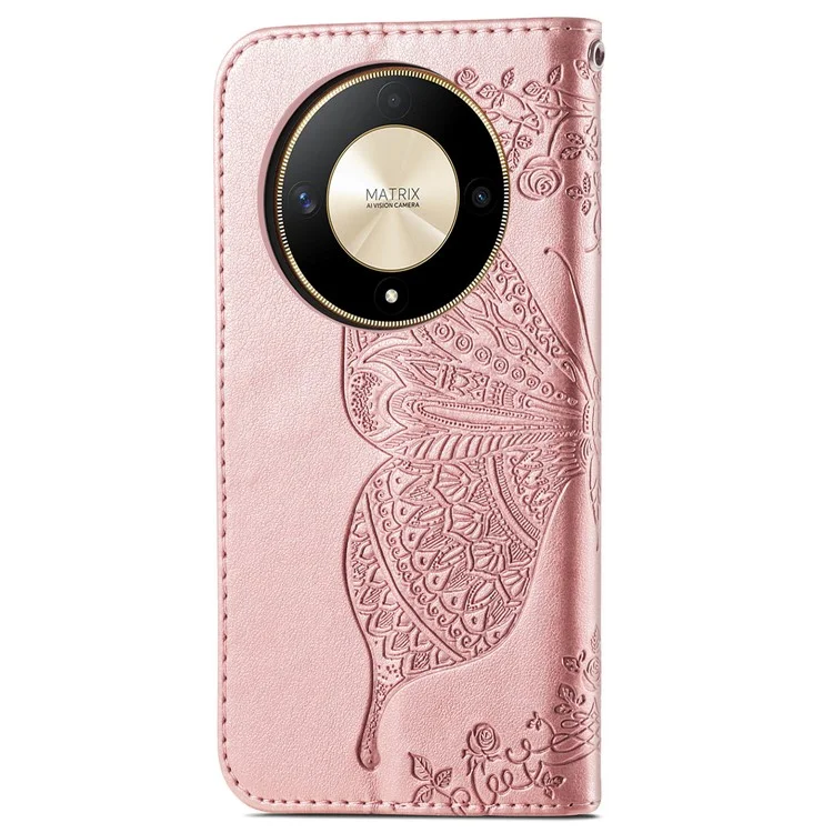 For Honor X9b 5G / Magic6 Lite 5G Phone Cover Stand Imprinted Pattern PU Leather Case - Rose Gold