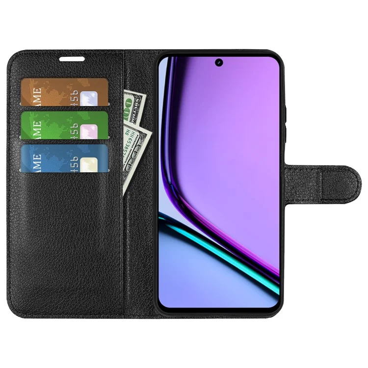 For Realme C67 4G Litchi Texture PU Leather Wallet Case Shockproof Cell Phone Cover - Black