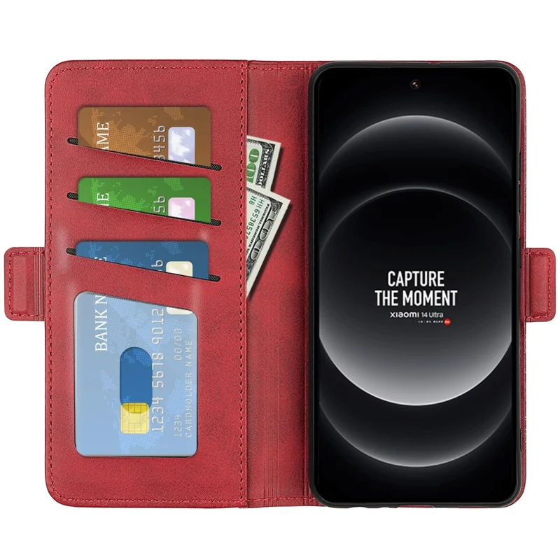 For Xiaomi 14 Ultra Phone Cover Magnetic Clasp Leather Phone Case with Wallet - Red