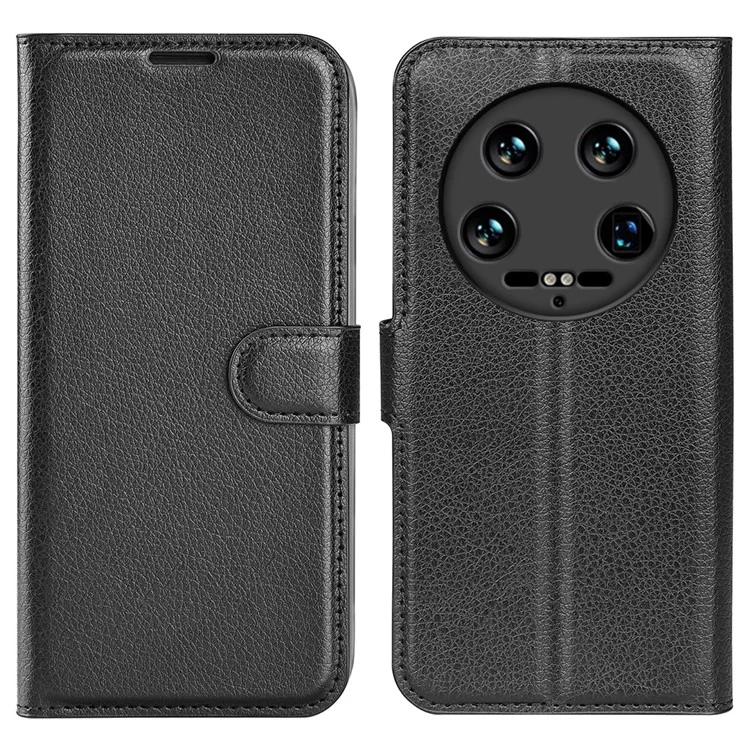 For Xiaomi 14 Ultra Case Litchi Texture Leather Folio Stand Smart Phone Cover - Black