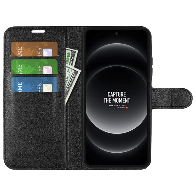For Xiaomi 14 Ultra Case Litchi Texture Leather Folio Stand Smart Phone Cover - Black