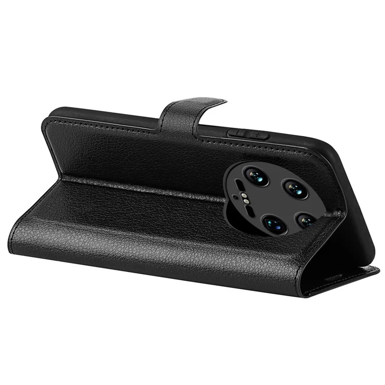 For Xiaomi 14 Ultra Case Litchi Texture Leather Folio Stand Smart Phone Cover - Black