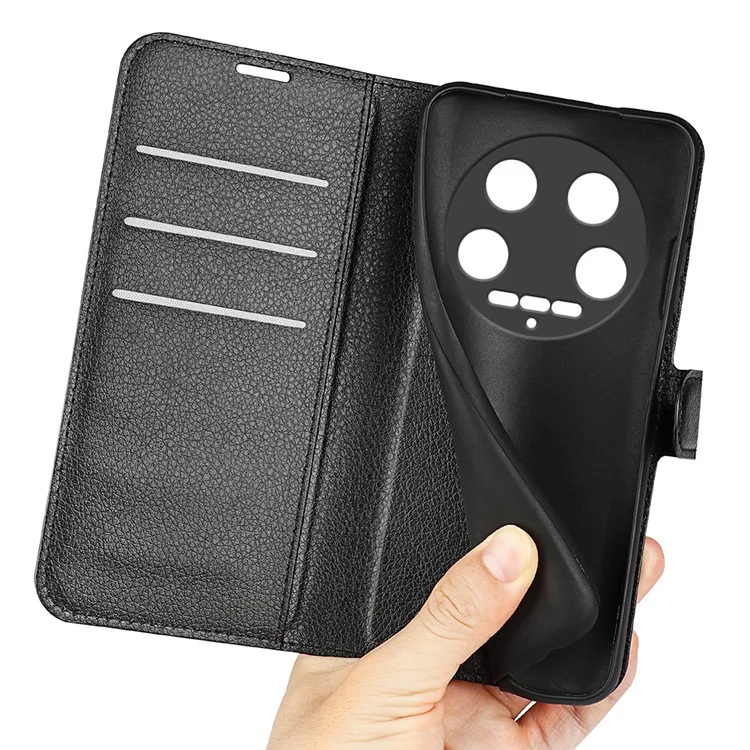 For Xiaomi 14 Ultra Case Litchi Texture Leather Folio Stand Smart Phone Cover - Black