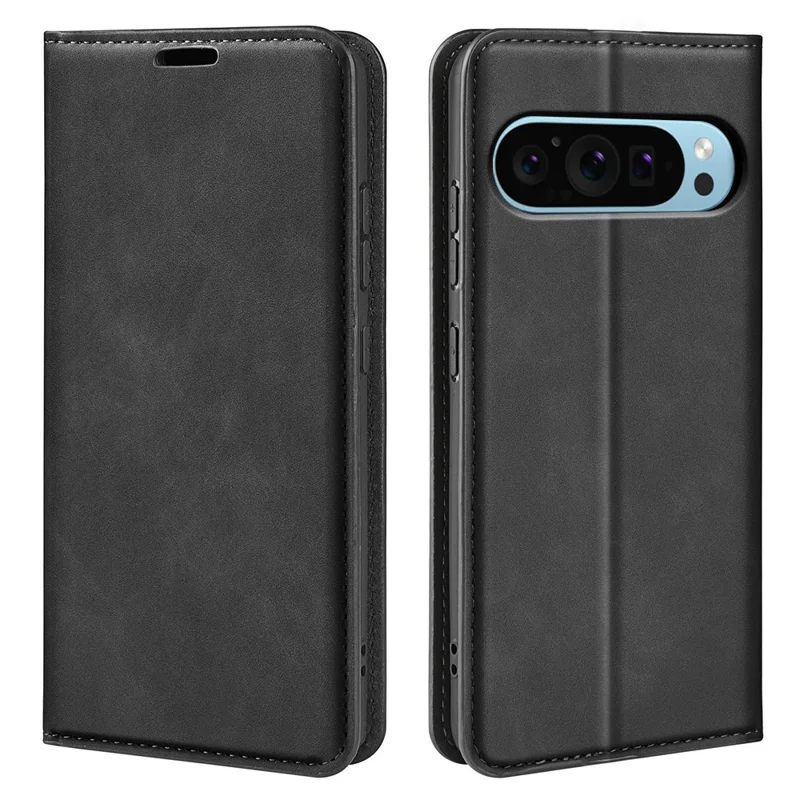 For Google Pixel 9 / Pixel 9 Pro Leather Case Skin-Touch Magnetic Closing Phone Cover - Black