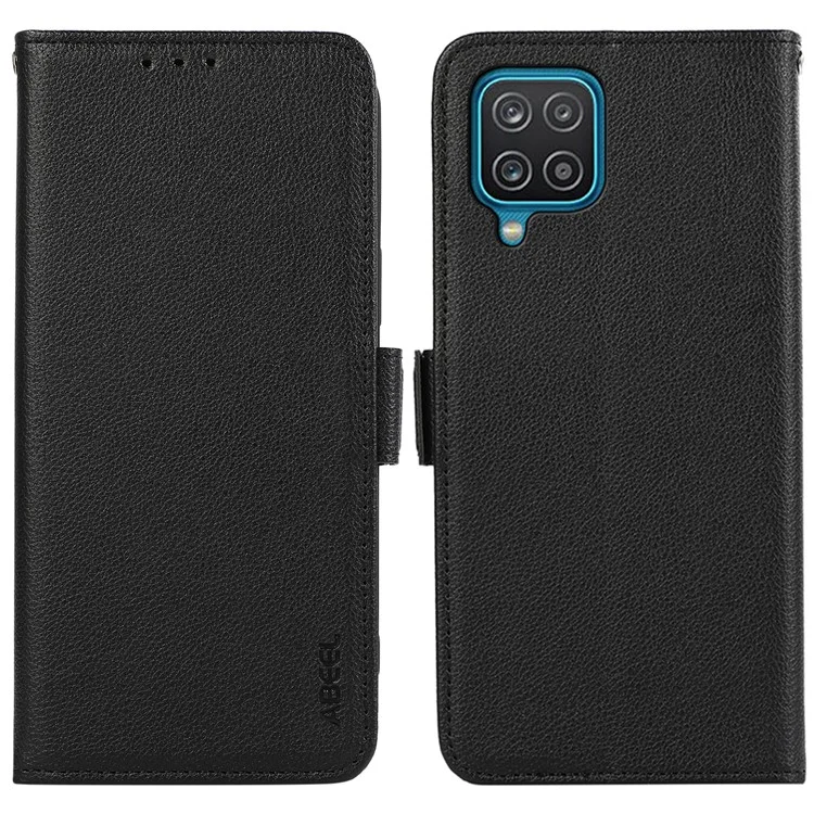 ABEEL For Samsung Galaxy A12 Case Litchi Texture PU Leather RFID Blocking Cell Phone Cover - Black